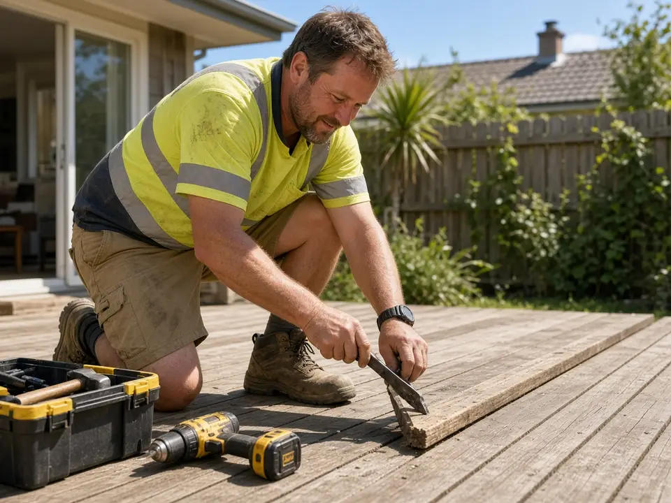 A tradesperson repairing a timber deck